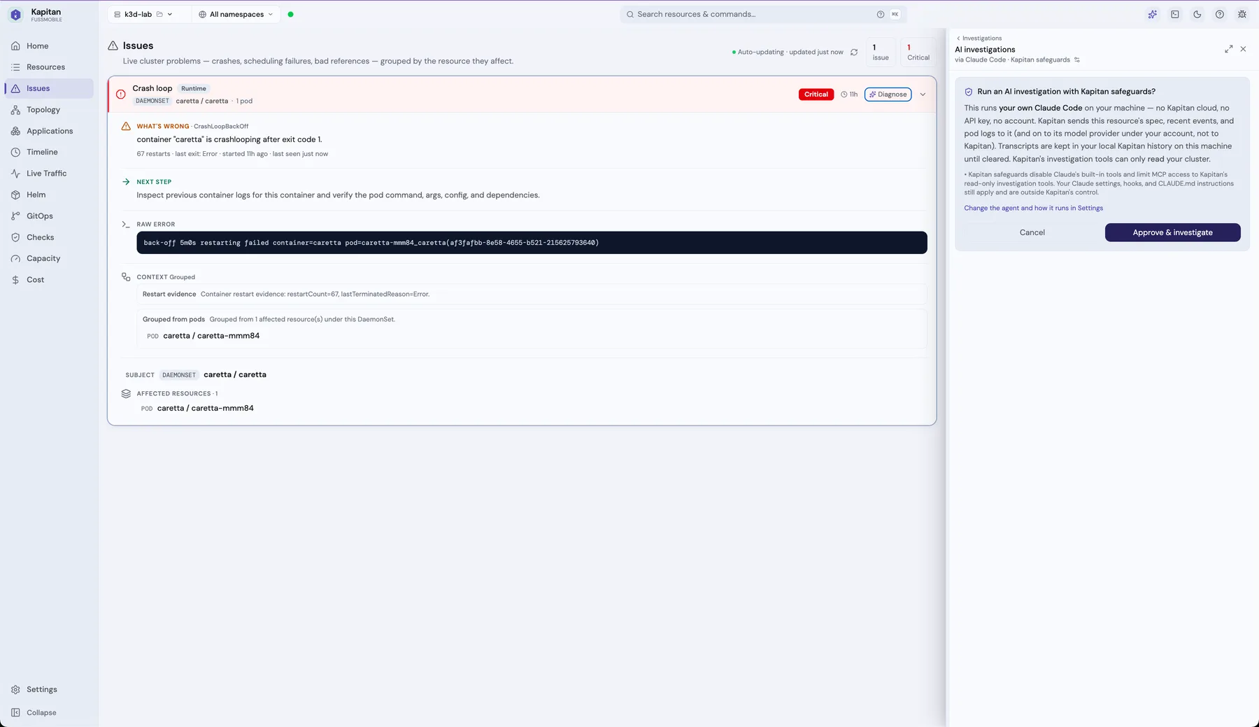 Kapitan asking for explicit approval before running an AI investigation, explaining that it runs locally with no cloud and no API key sent to Kapitan