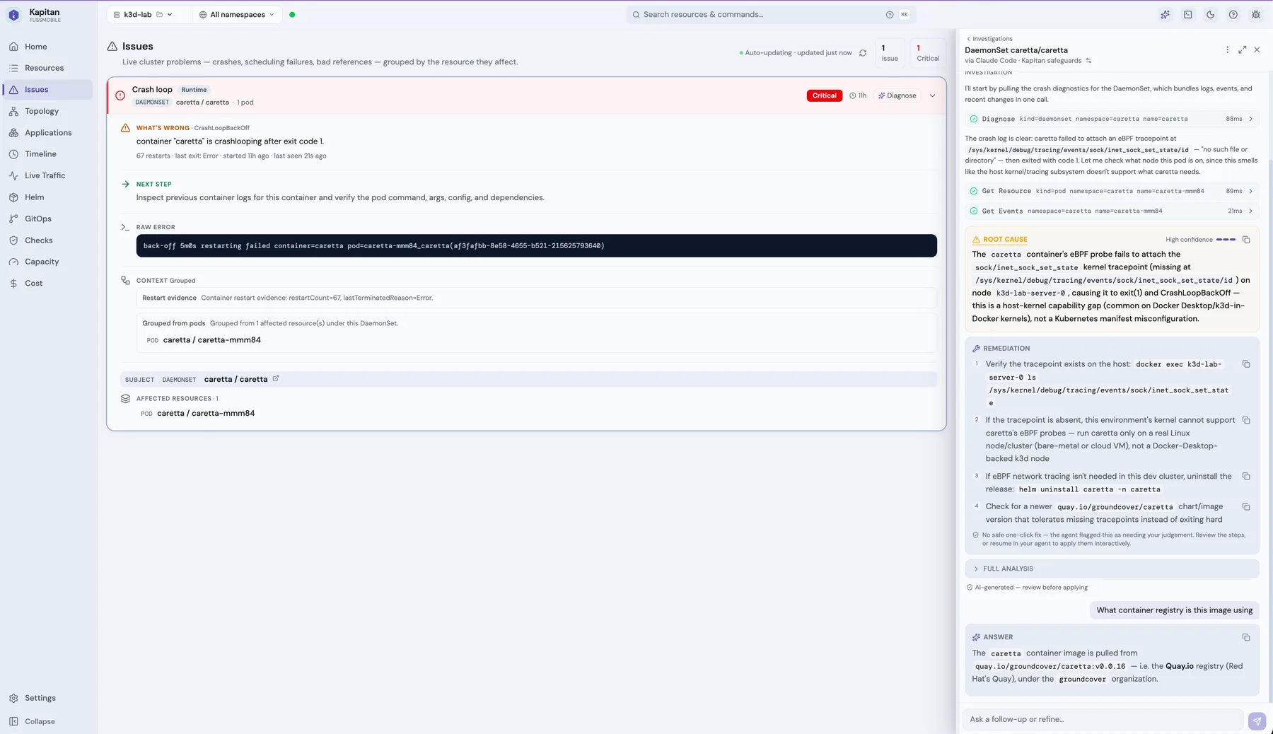 Kapitan AI investigation answering a follow-up question about which container registry an image was pulled from