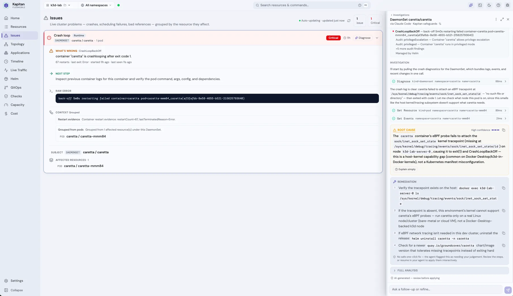 Kapitan AI investigation showing a high-confidence root cause and numbered, copyable remediation steps