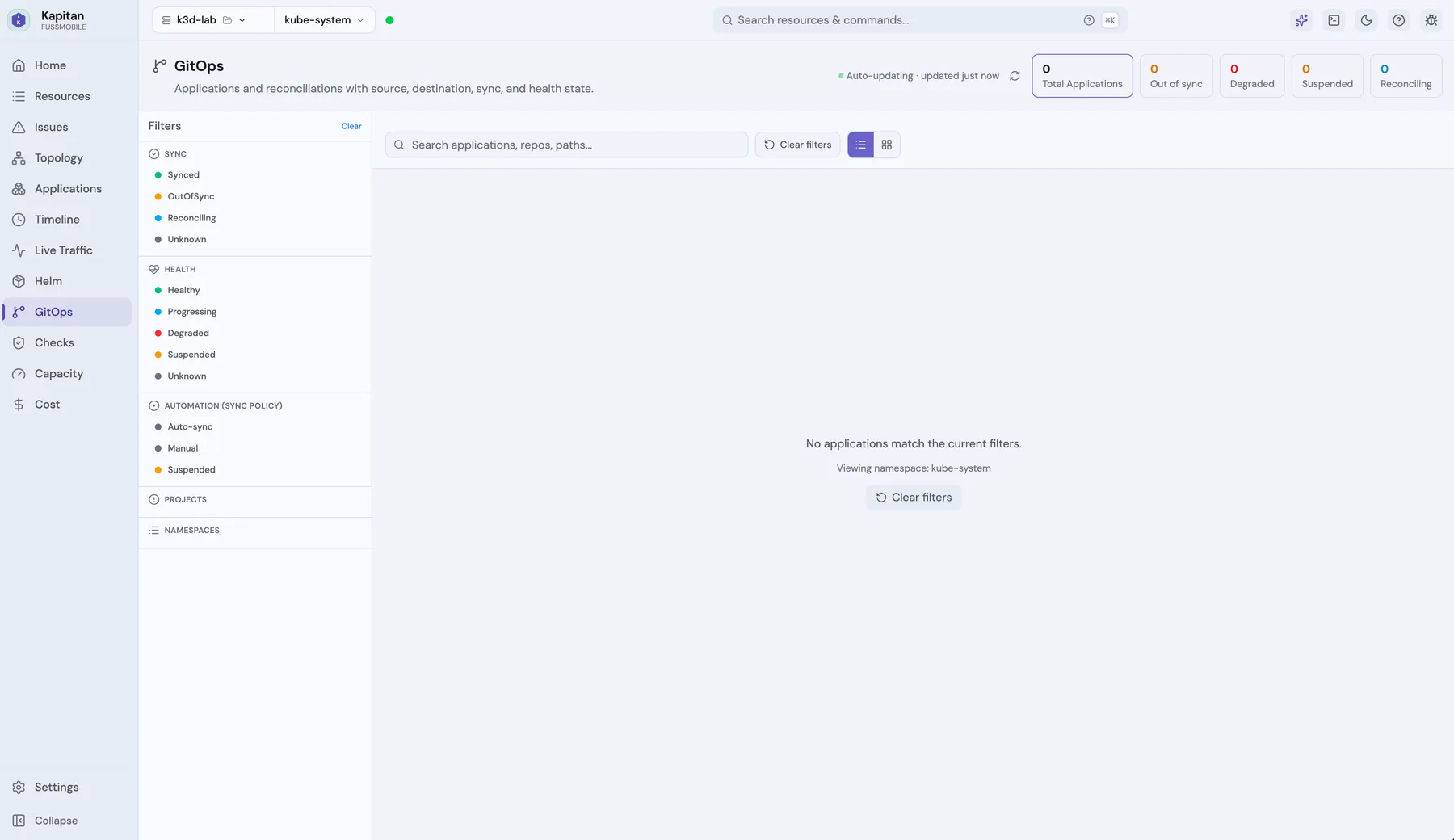 Kapitan GitOps view before a delivery pipeline is connected, ready to sync applications once linked