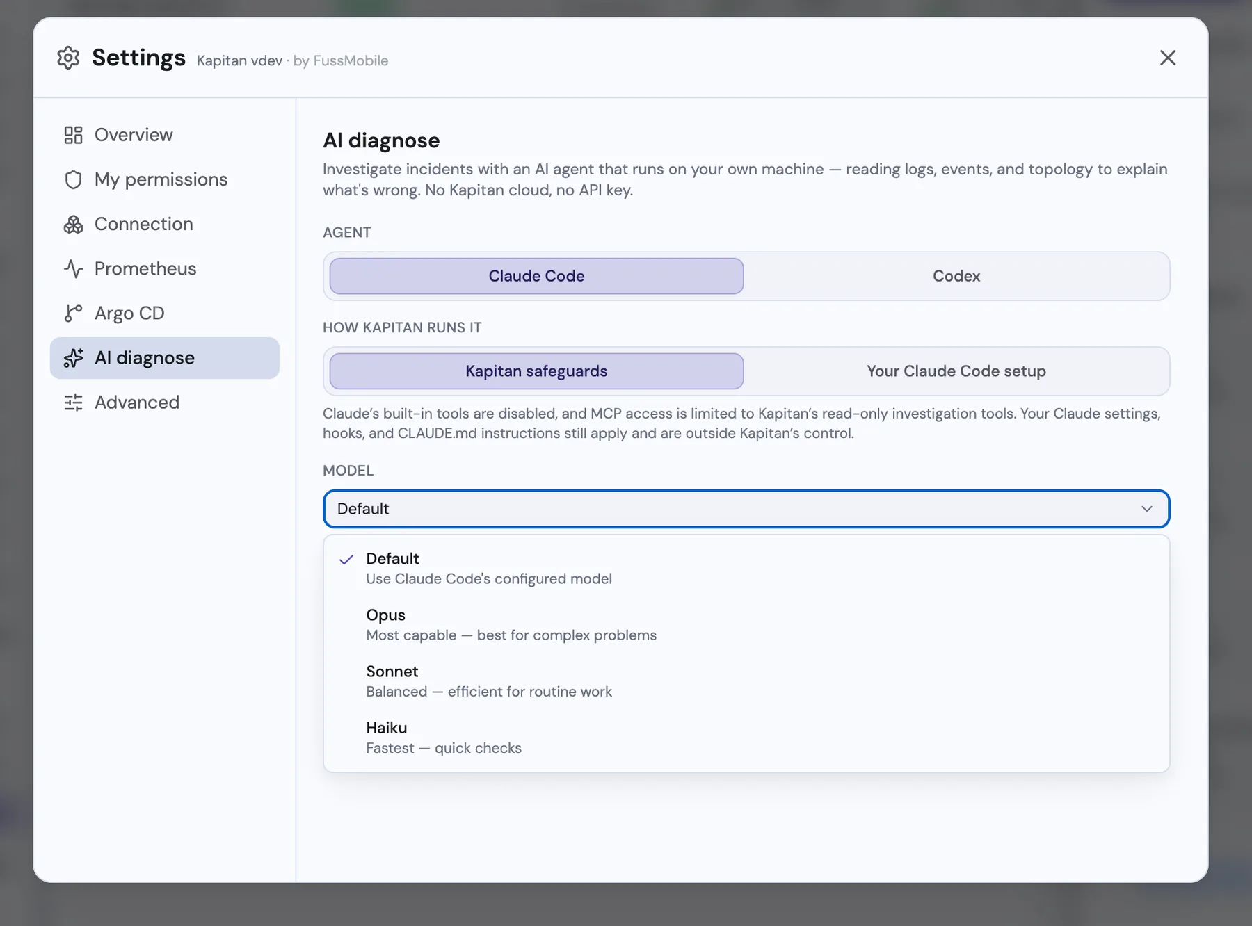 Kapitan settings panel for AI diagnose, showing agent choice and safeguards configuration