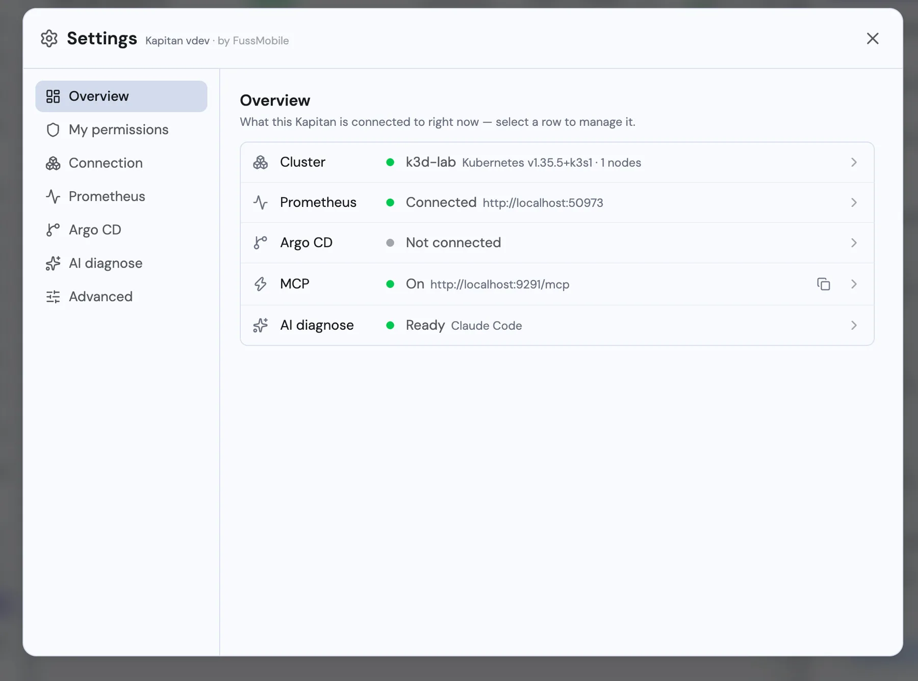Kapitan settings overview showing connected cluster, metrics source, and delivery pipeline integrations