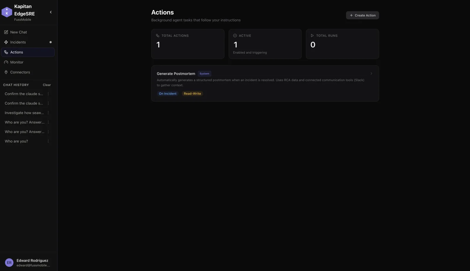 Kapitan EdgeSRE Actions screen showing a Generate Postmortem system action, tagged On Incident and Read-Write