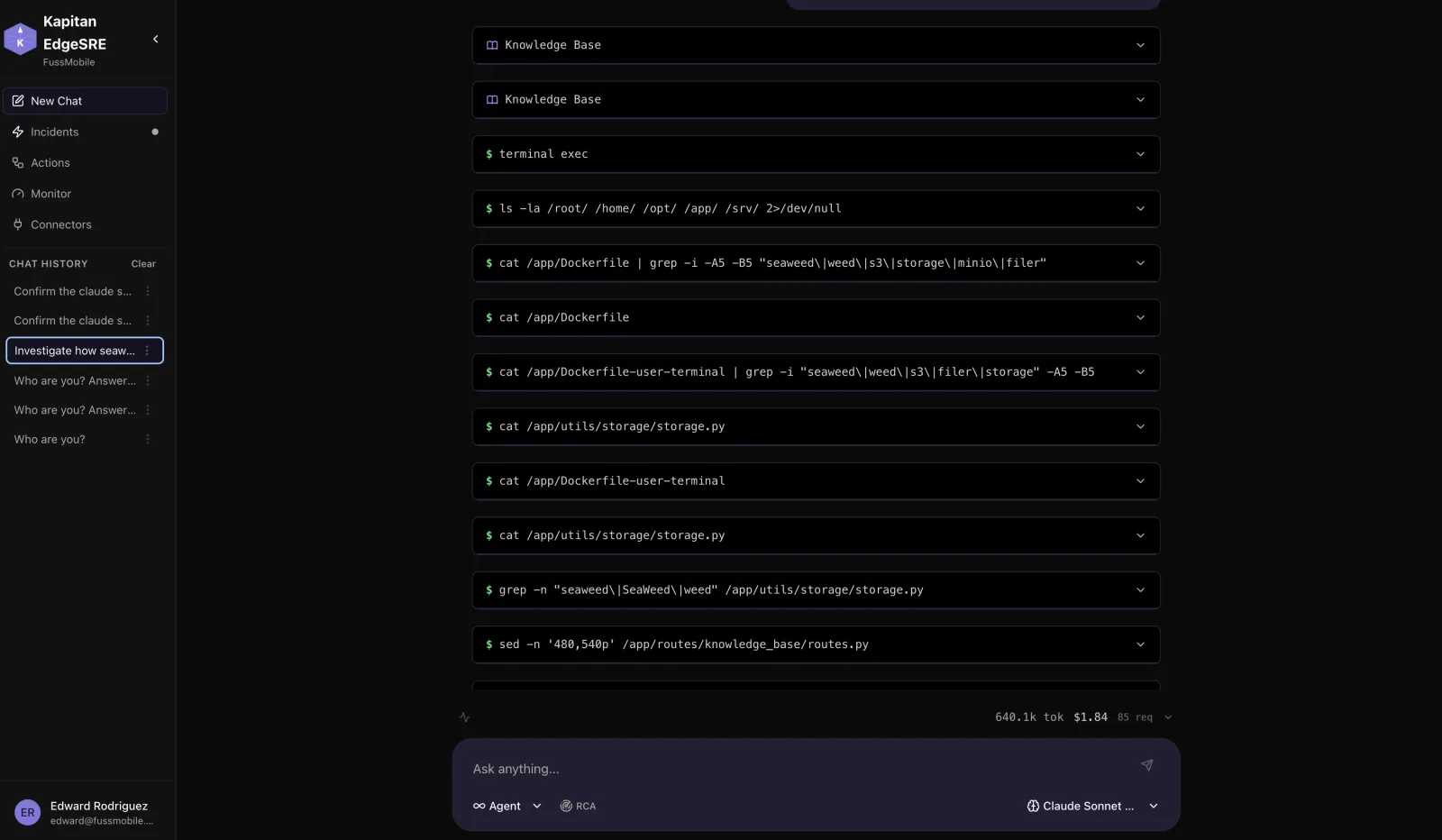 Kapitan EdgeSRE agent running a live investigation, executing terminal commands and reading source files to trace an infrastructure issue to its root cause