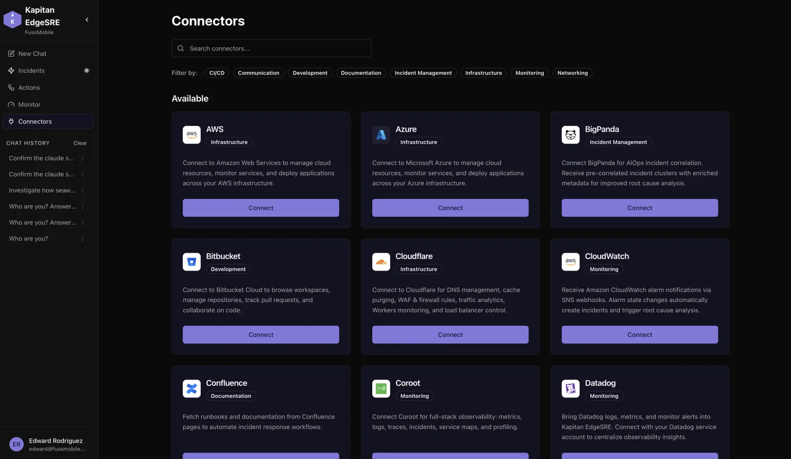 Kapitan EdgeSRE Connectors screen showing AWS, Azure, BigPanda, Bitbucket, Cloudflare, CloudWatch, Confluence, Coroot, and Datadog connector cards