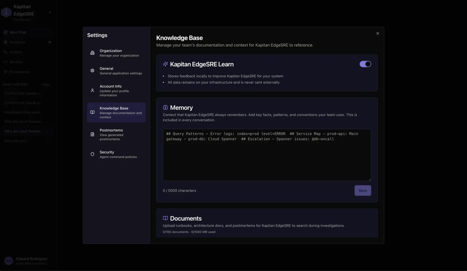 Kapitan EdgeSRE Knowledge Base settings showing Memory and Documents sections