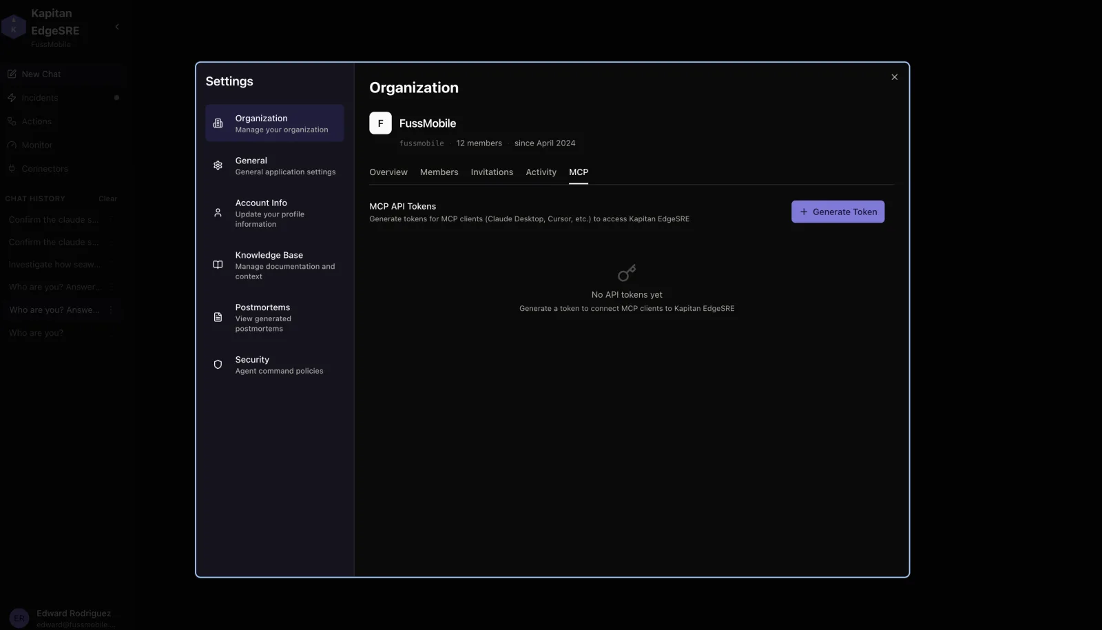 Kapitan EdgeSRE Organization settings showing MCP API token generation for clients like Claude Desktop and Cursor